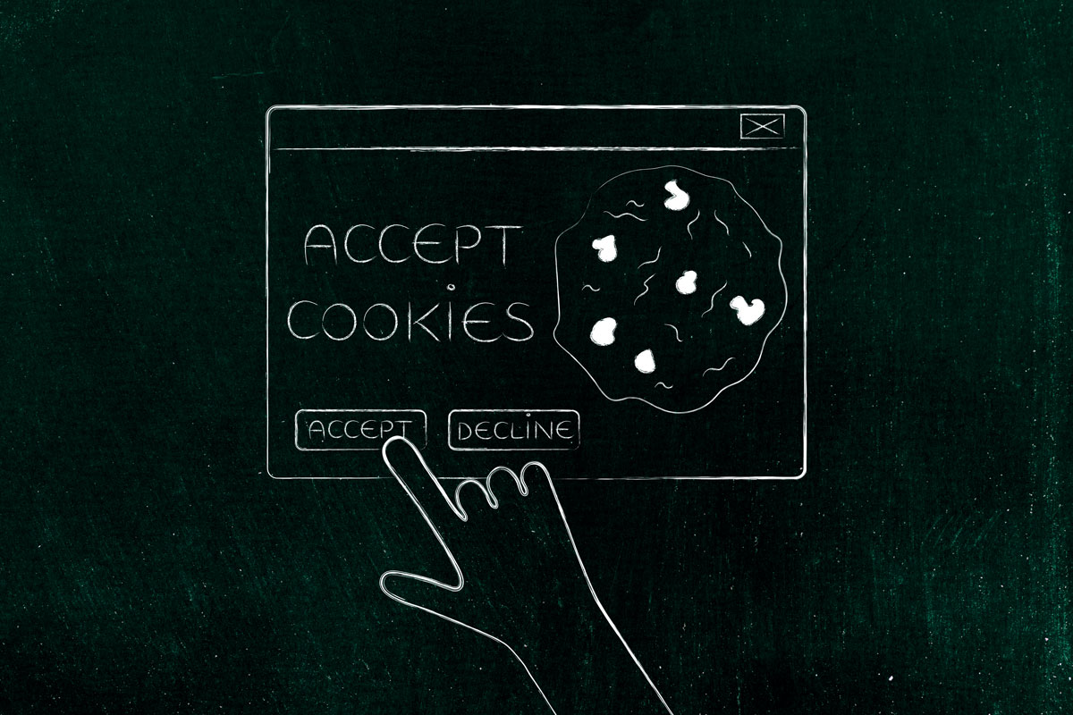 Eine gezeichnete Hand tippt bei einer Cookie-Abfrage auf "Accept"