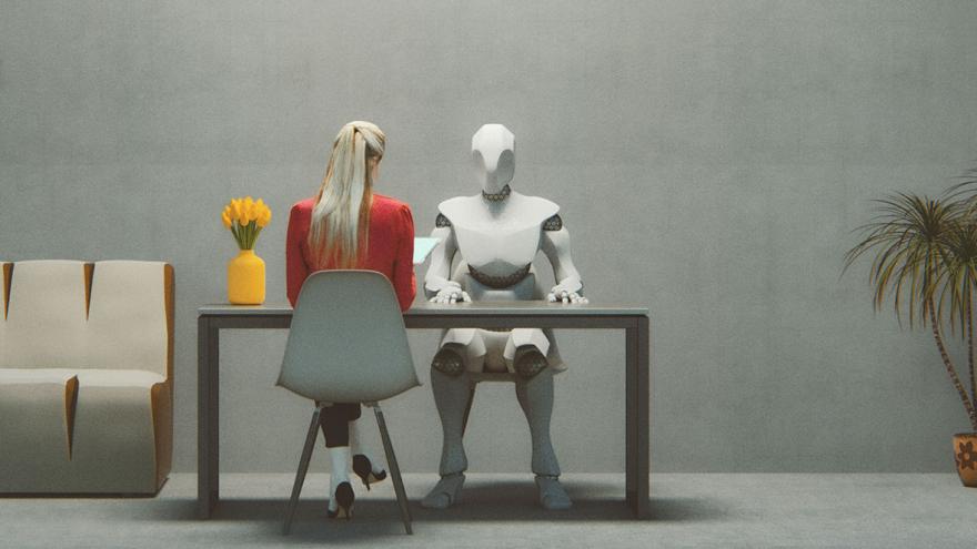 Algorithmen spielen auch oft auch bei der Bewerberauswahl mit: Ein Bewerbungsgespräch, in dem eine Frau einem Cyborg gegenübersitzt